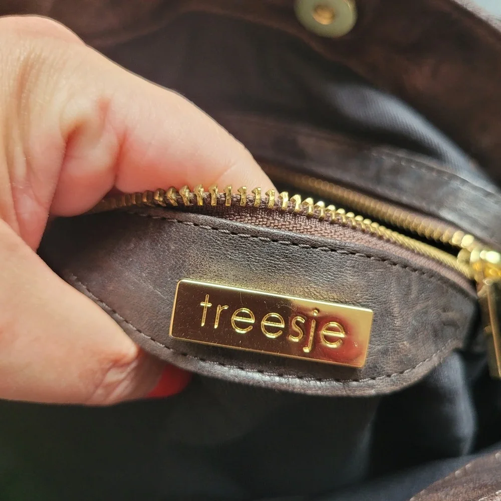 Treesje Dark Brown Leather Studded Multi Buckle Hobo Shoulder Bag Gold Hardware